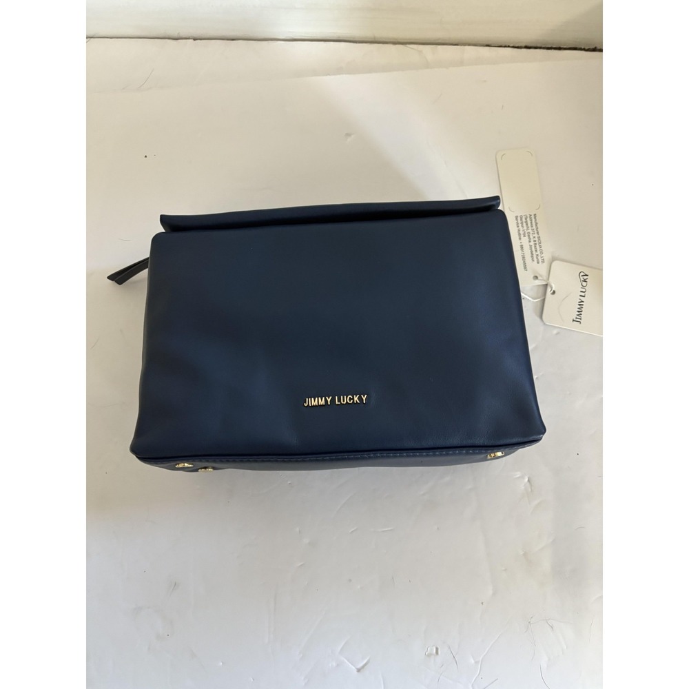 Jimmy Lucky Navy Blue Cosmetic Toiletry Makeup Travel Bag Zip Pouch Gold Logo